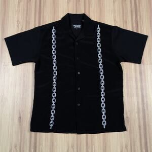 Black and Silver Chain Embroidery Short Sleeve Button Up Shirt Y2K Dad Core M/L